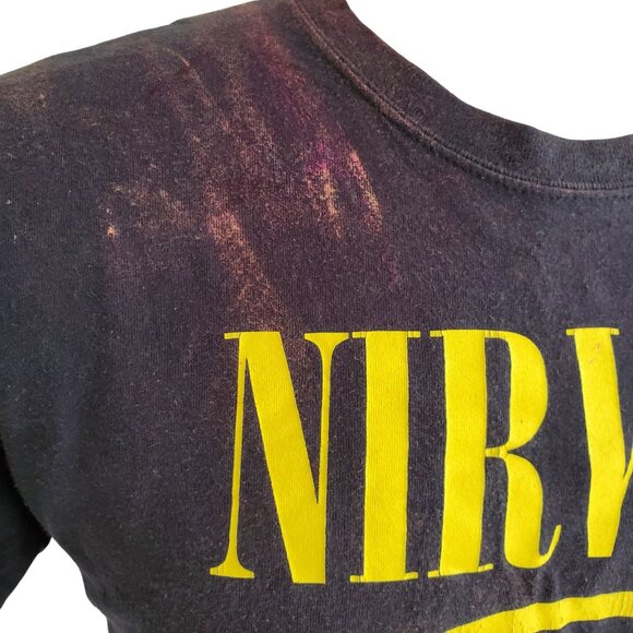 NIRVANA 100% Cotton Black - Yellow Smiley face Trashed Bleached No Holes Size L - Picture 3 of 12
